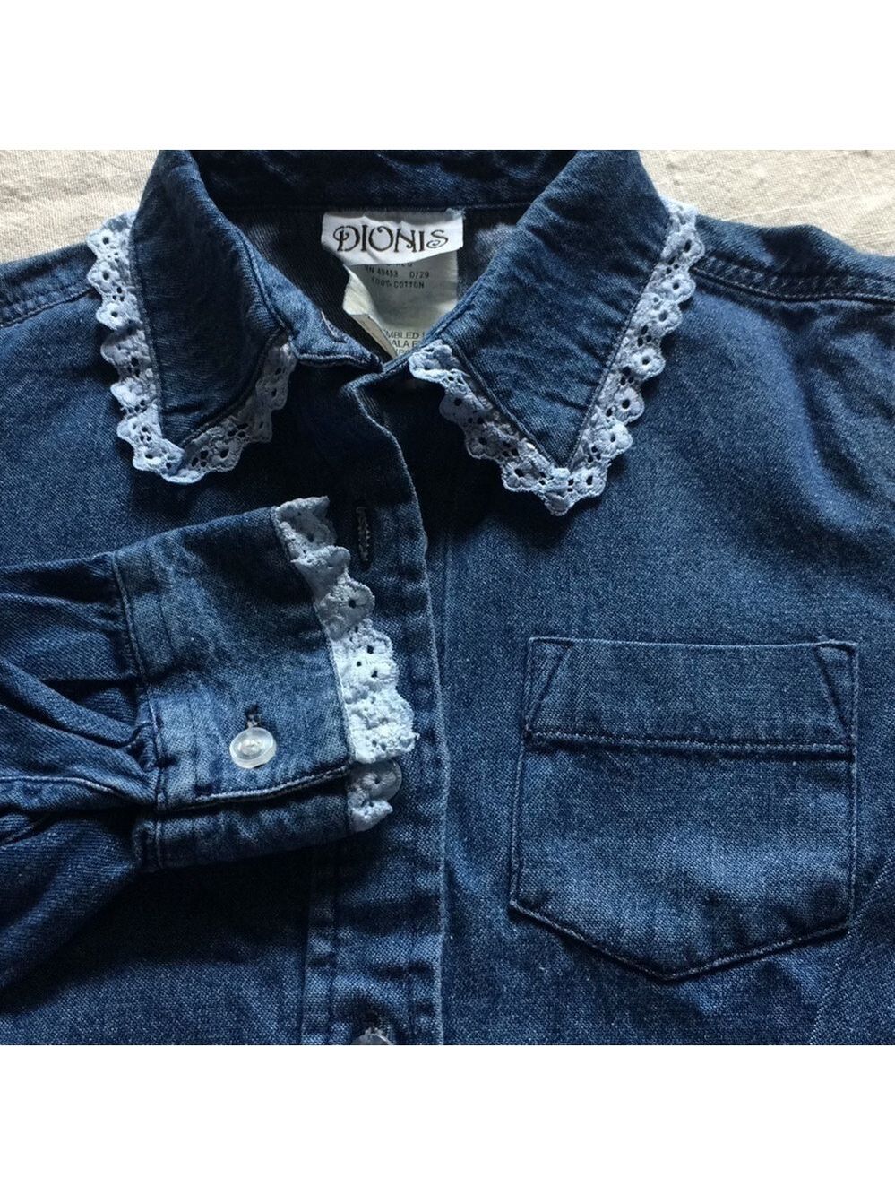 DIONIS Girls denim long sleeve button front shirt eyelet trim boho